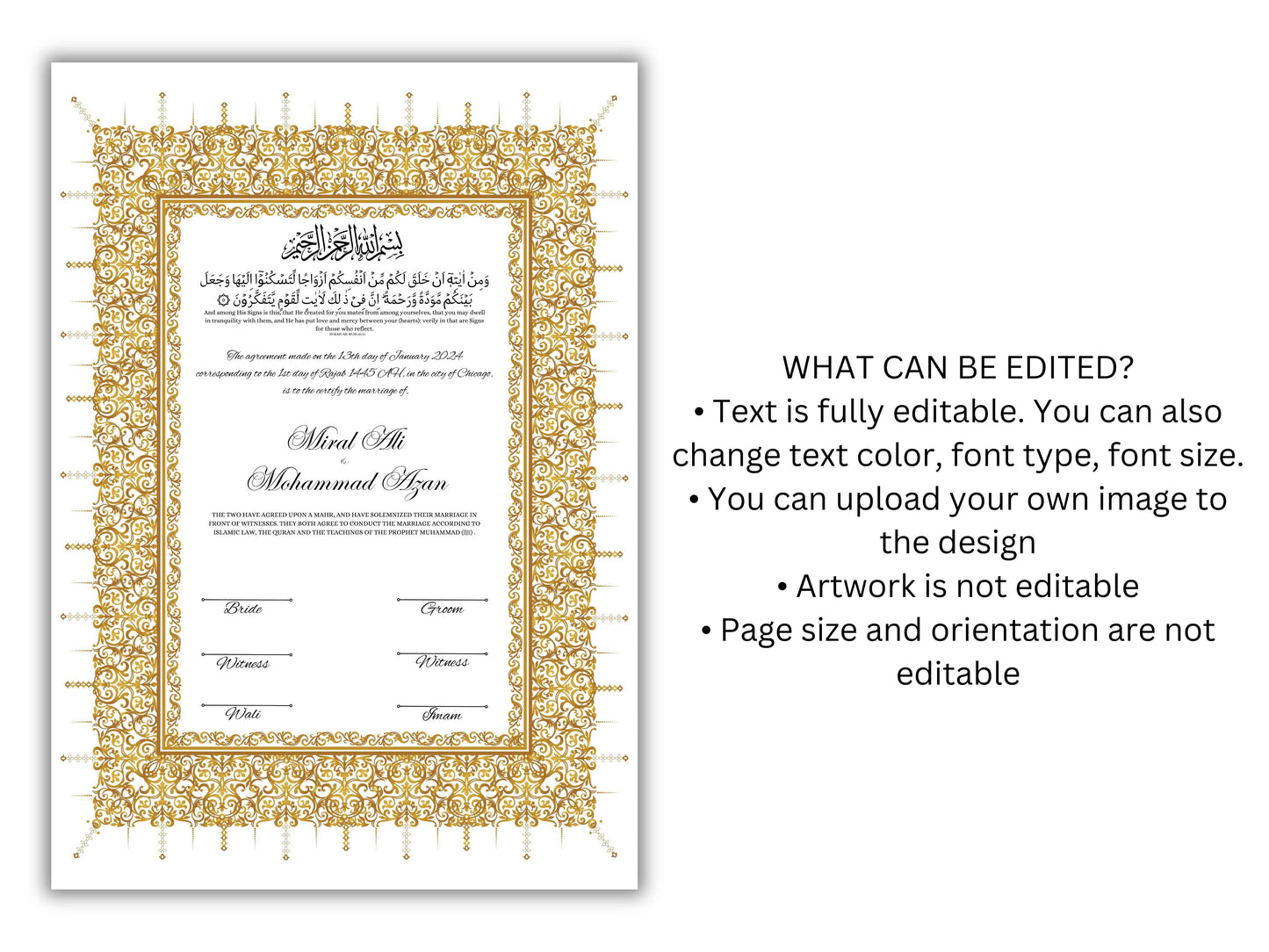 Gold Nikkah Certificate, A4/A3 Islamic Wedding Contract Template, Nikkah Nama, Muslim Marriage, Personalised Names, Quran Verse.NN201