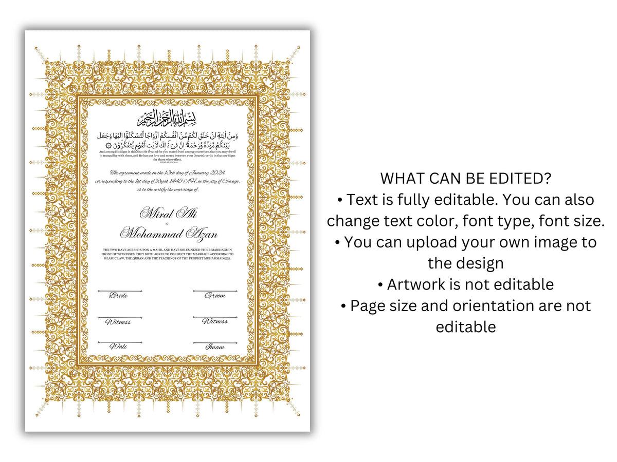 Gold Nikkah Certificate, A4/A3 Islamic Wedding Contract Template, Nikkah Nama, Muslim Marriage, Personalised Names, Quran Verse.NN201