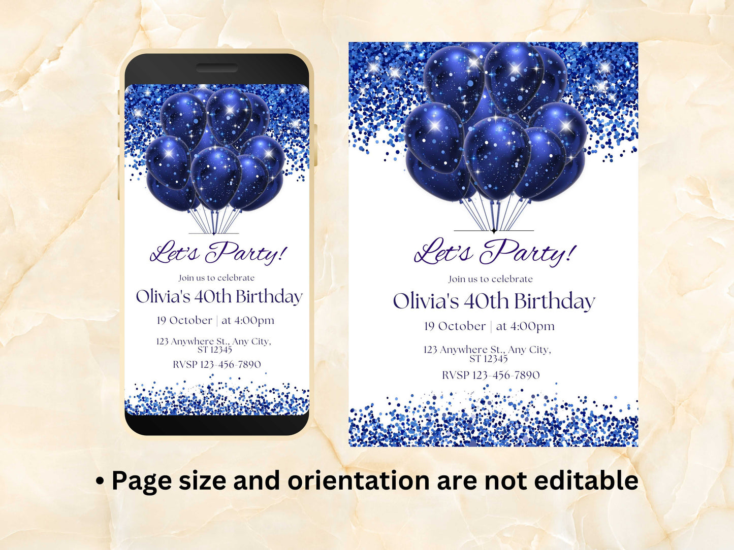 Editable Blue Birthday Invitation for Men, Printable Navy Blue Birthday Party Invitation, Classy Balloons Text Evite Template WEIB82