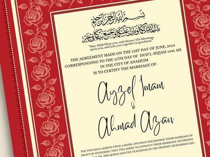 Rose Nikkah Certificate Template, Editable Nikkahnama, Printable Nikah Contract, Muslim Contract, Red Nikkah Islamic Marriage Contract.NN252