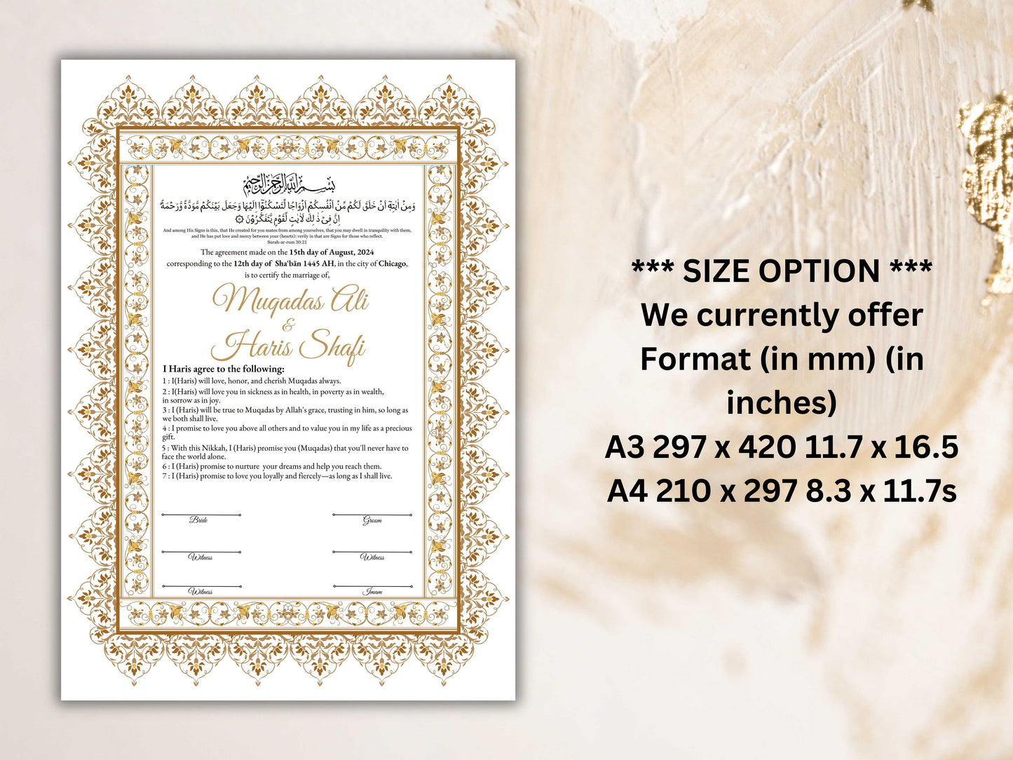 Printable Nikkah Contract, Islamic Wedding Contract, Muslim Nikkah Certificate, Personalised, A4, A3, Template, Instat Download. NN202