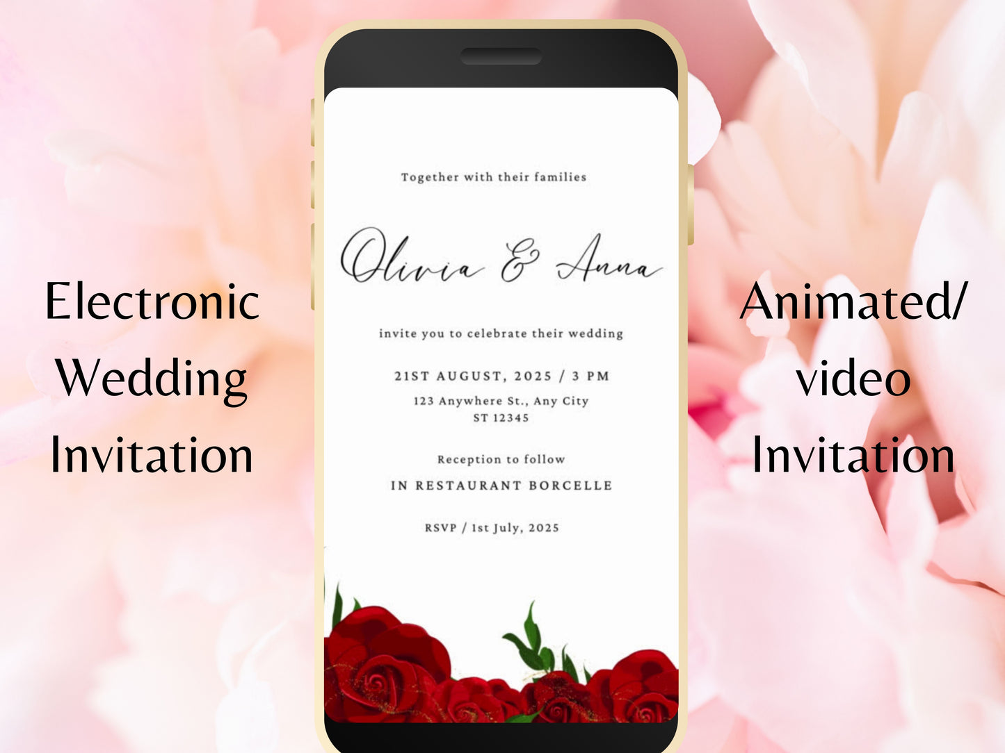 Red Rose Wedding Evite Template, Electronic Wedding Invitation, Red Rose video Wedding Invitation, Text Message, Mobile Phone Invite. WEI35