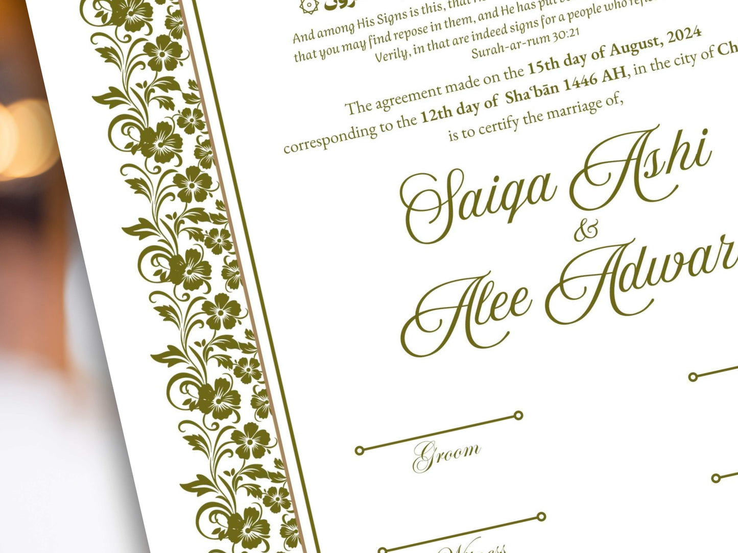 Floral Nikkah Certificate, Islamic Wedding Contract, Nikkah Nama, Muslim Marriage Certificate, Personalised Names, Quran Verse. NN280