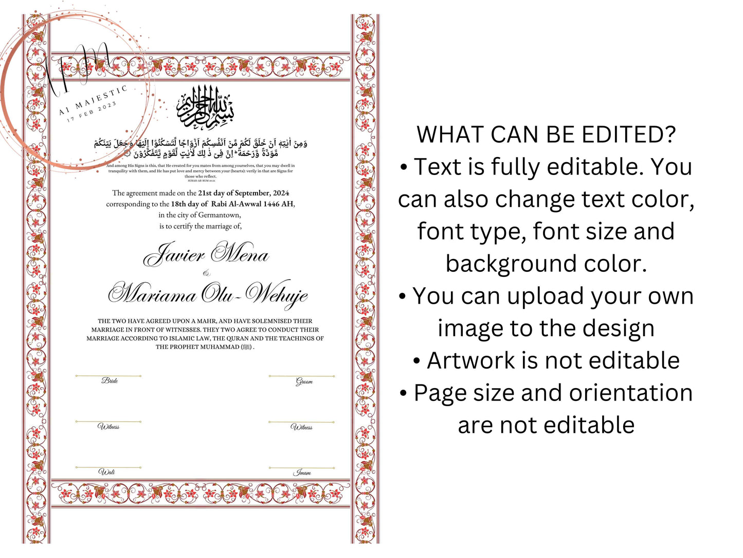 Nikkah Certificate Digital Download, Editable, Template, Muslim Contract, Muslim Marriage, A4, A3, Template, Instat Download. NN275