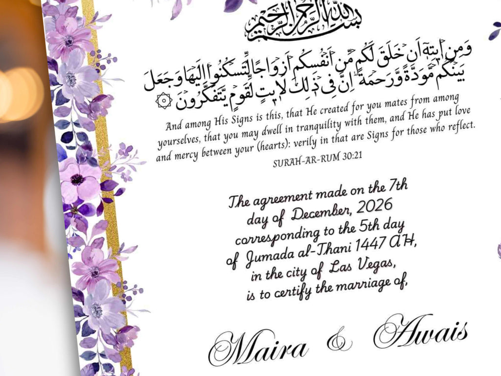 Nikkah Certificate Digital Download Personalised, A4, A3, Template, Editable, Floral Nikkah Nama, Nikkah Contract, Muslim Contract. NN293