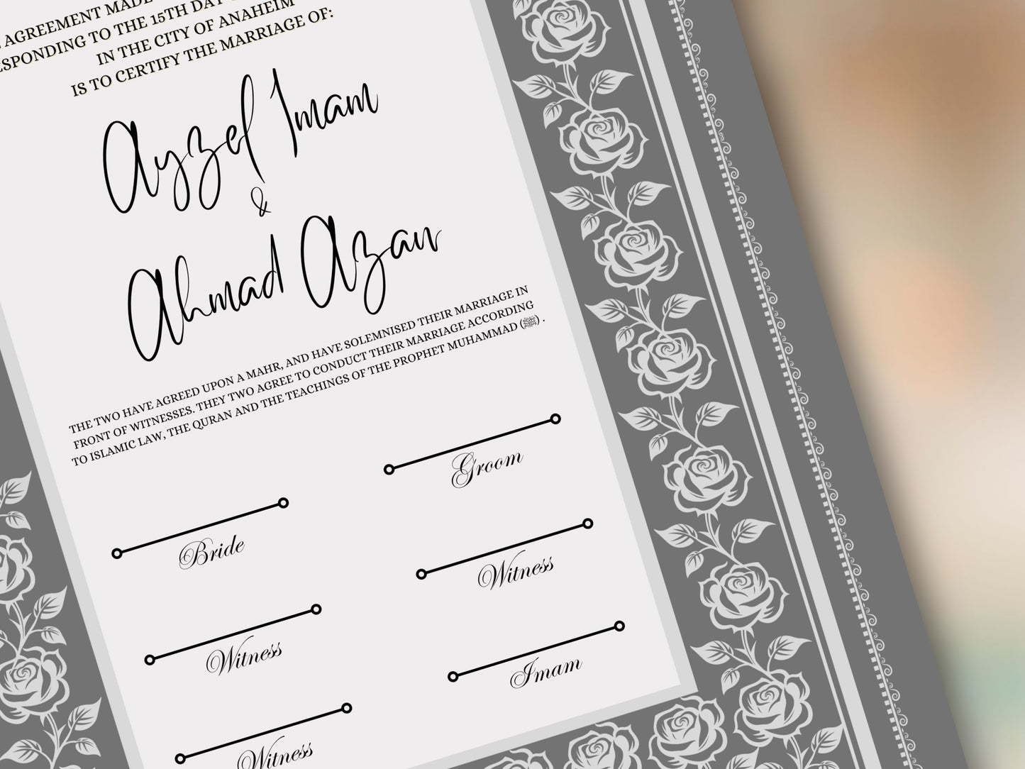 Rose Nikkah Certificate Template, Editable Nikkahnama, Printable Nikah Contract, Muslim Contract, Nikkah Islamic Marriage Contract.NN255
