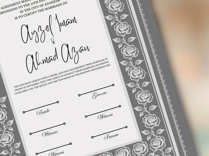 Rose Nikkah Certificate Template, Editable Nikkahnama, Printable Nikah Contract, Muslim Contract, Nikkah Islamic Marriage Contract.NN255