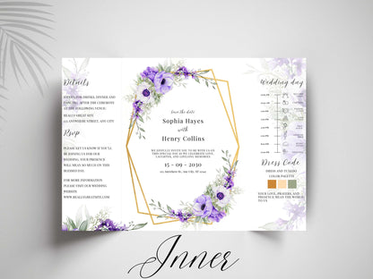 Elegant Purple Floral Wedding Invitation Template | Editable Printable Invite | Save the Date Card | Modern Romantic Wedding. WI168