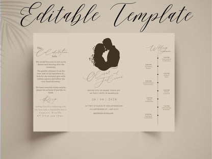 Elegant Gatefold Wedding Invitation | Minimalist Silhouette Wedding Itinerary Card | Modern Folded Wedding Invite Printable Template. WI144