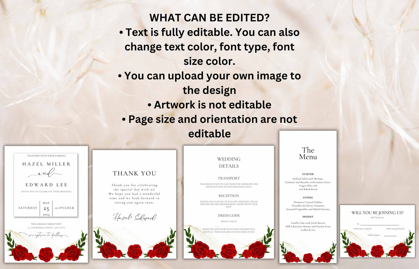 Red Rose Wedding Invitation set, Red Rose RSVP, Dark Red floral, Red Rose wedding Invitation, Details, Menu, Editable, Thank You Card. WIT62