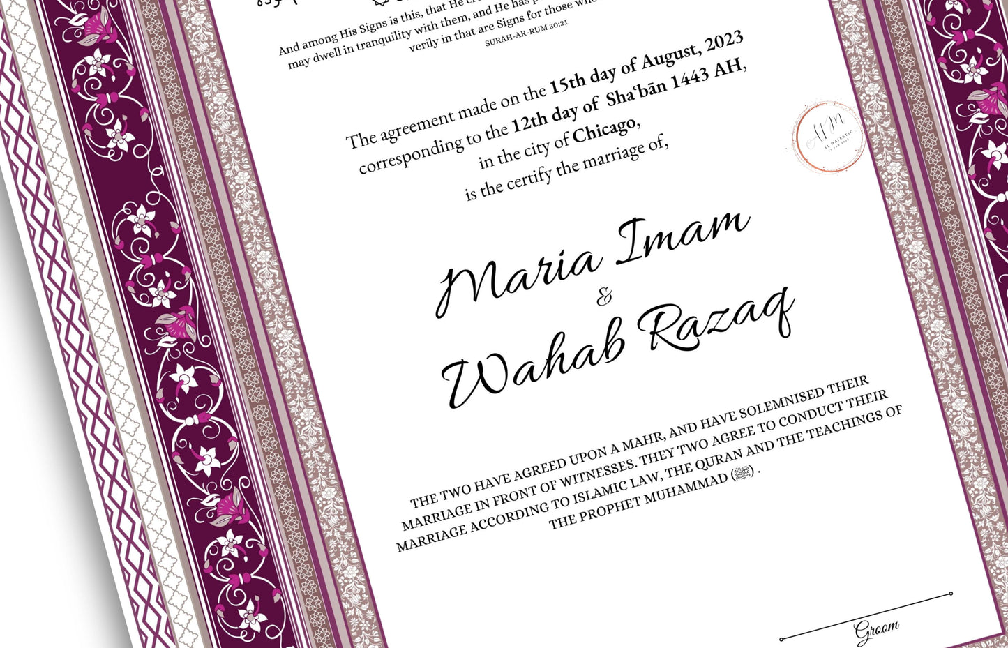 Nikkah Certificate Digital Download Personalized, Luxury Nikkah Contract, Islamic Wedding Contract, Personalized Muslim Wedding Gift. 174