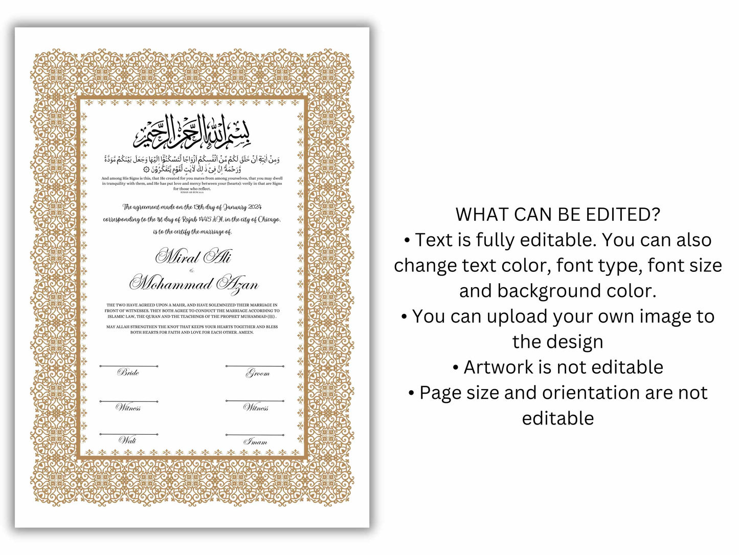 Luxury Nikkah Certificate, Premium A4/A3 Islamic Wedding Contract, Nikkah Nama, Muslim Marriage Certificate, Personalised Names, NN198