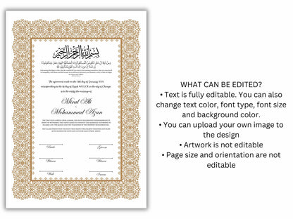 Luxury Nikkah Certificate, Premium A4/A3 Islamic Wedding Contract, Nikkah Nama, Muslim Marriage Certificate, Personalised Names, NN198