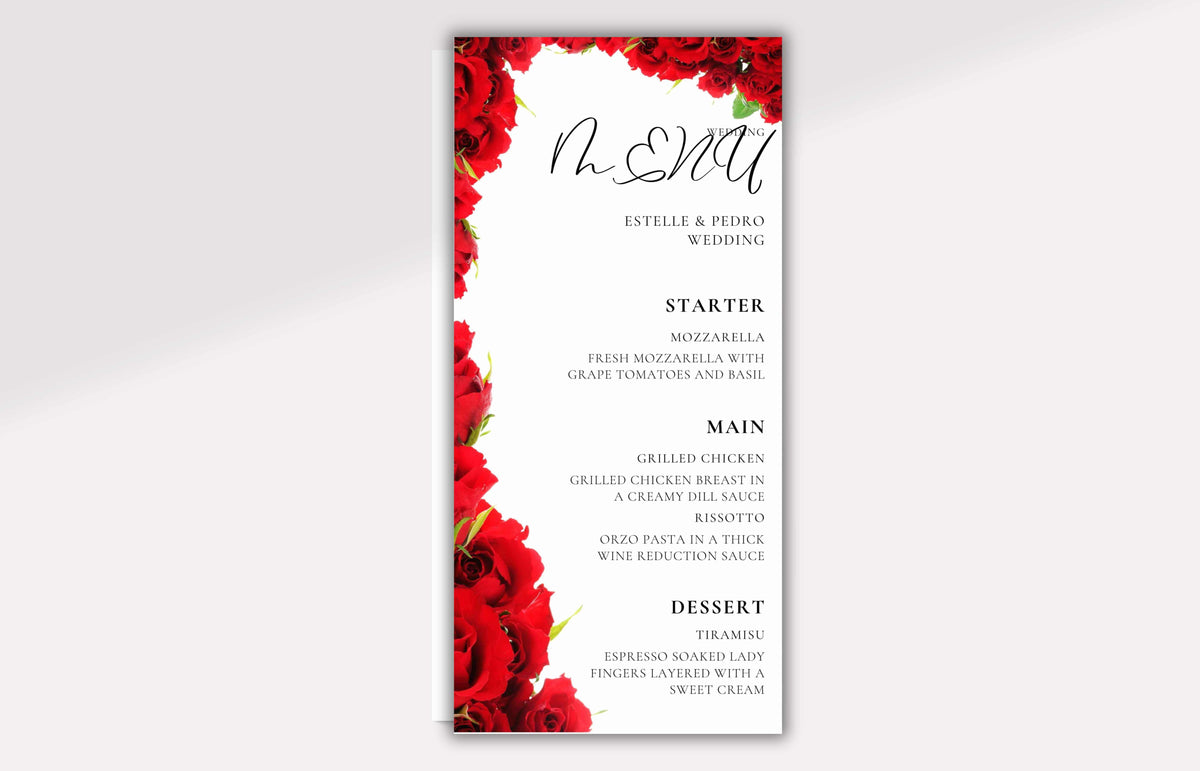 Wedding Menu Template Download, Red Rose Wedding Menu Cards, Menu Template, Wedding Menus, Modern Reception Dinner Menu Editable, WS48