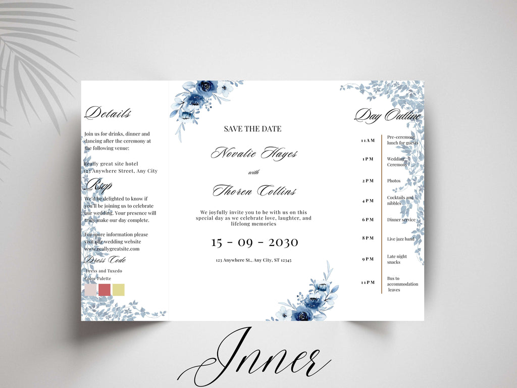 Blue Floral Wedding Itinerary Template, Save The Date Schedule Card, Elegant Navy Wedding Day Timeline, Printable Itinerary Invitation.WI175