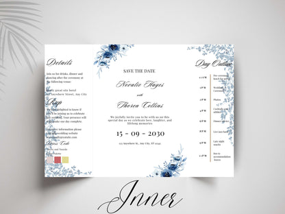 Blue Floral Wedding Itinerary Template, Save The Date Schedule Card, Elegant Navy Wedding Day Timeline, Printable Itinerary Invitation.WI175