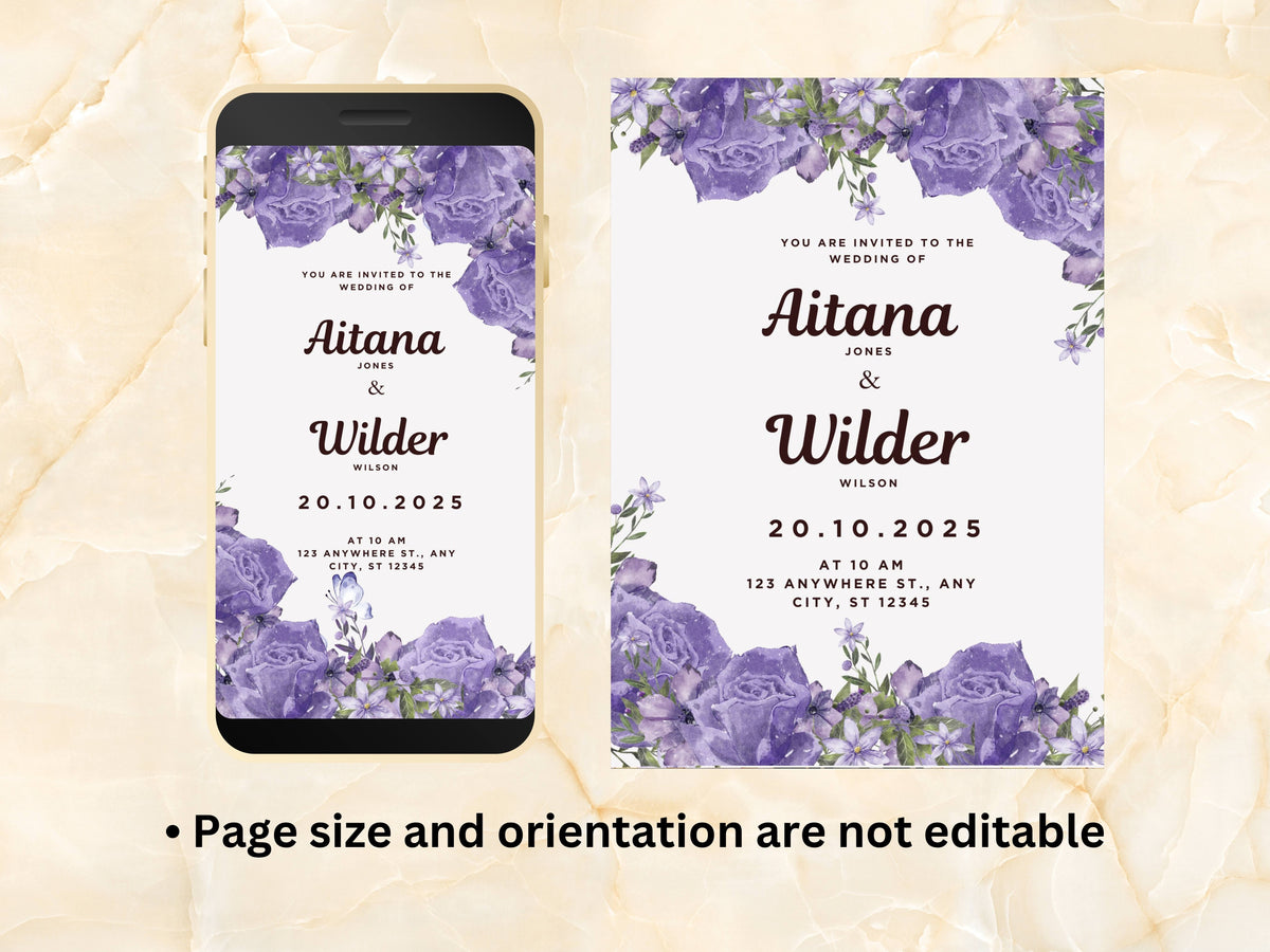 Lilac Floral Wedding Invitation PDF, Online Electronic Invitation, Printable Boho Floral 5 x 7 in Invitation, Invitation Template, WEIB81
