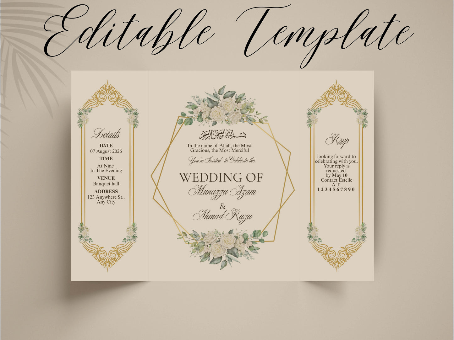 Islamic Wedding Invitation | Elegant Bismillah Card | Muslim Nikah Invitation | Green Floral Wedding Card | Printable Template. WI145