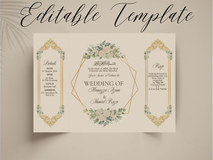 Islamic Wedding Invitation | Elegant Bismillah Card | Muslim Nikah Invitation | Green Floral Wedding Card | Printable Template. WI145