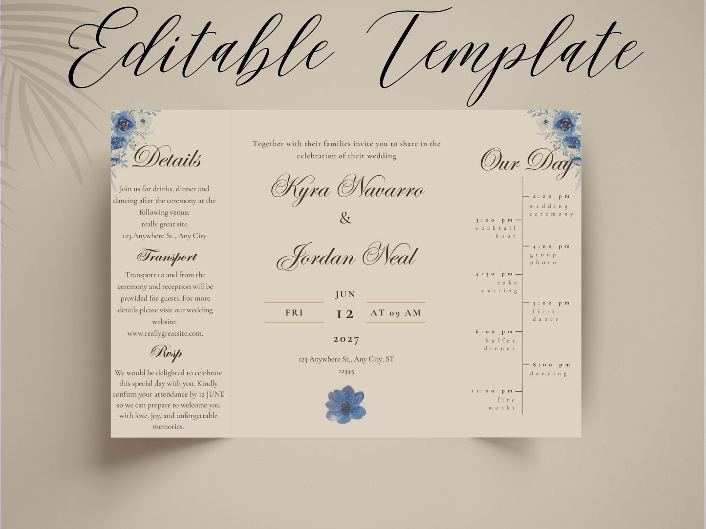 Elegant Blue Floral Wedding Invitation Template | Modern Folded Wedding Invite with Timeline | Printable Wedding Suite. WI150