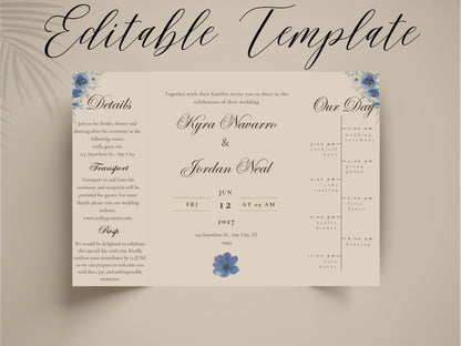 Elegant Blue Floral Wedding Invitation Template | Modern Folded Wedding Invite with Timeline | Printable Wedding Suite. WI150