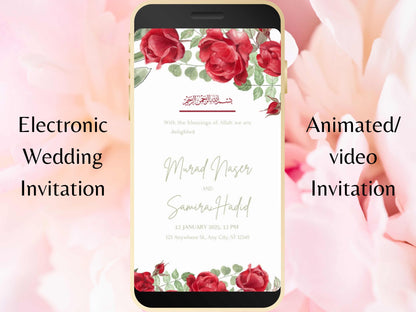 Red Rose Wedding Evite Template, Electronic Wedding Invitation, Red Rose video Wedding Invitation, Text Message, Mobile Phone Invite. WEI45