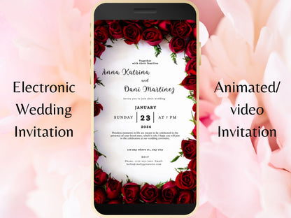 Red Rose Wedding Evite Template, Electronic Wedding Invitation, Red Rose video Wedding Invitation, Text Message, Mobile Phone Invite. WEI6