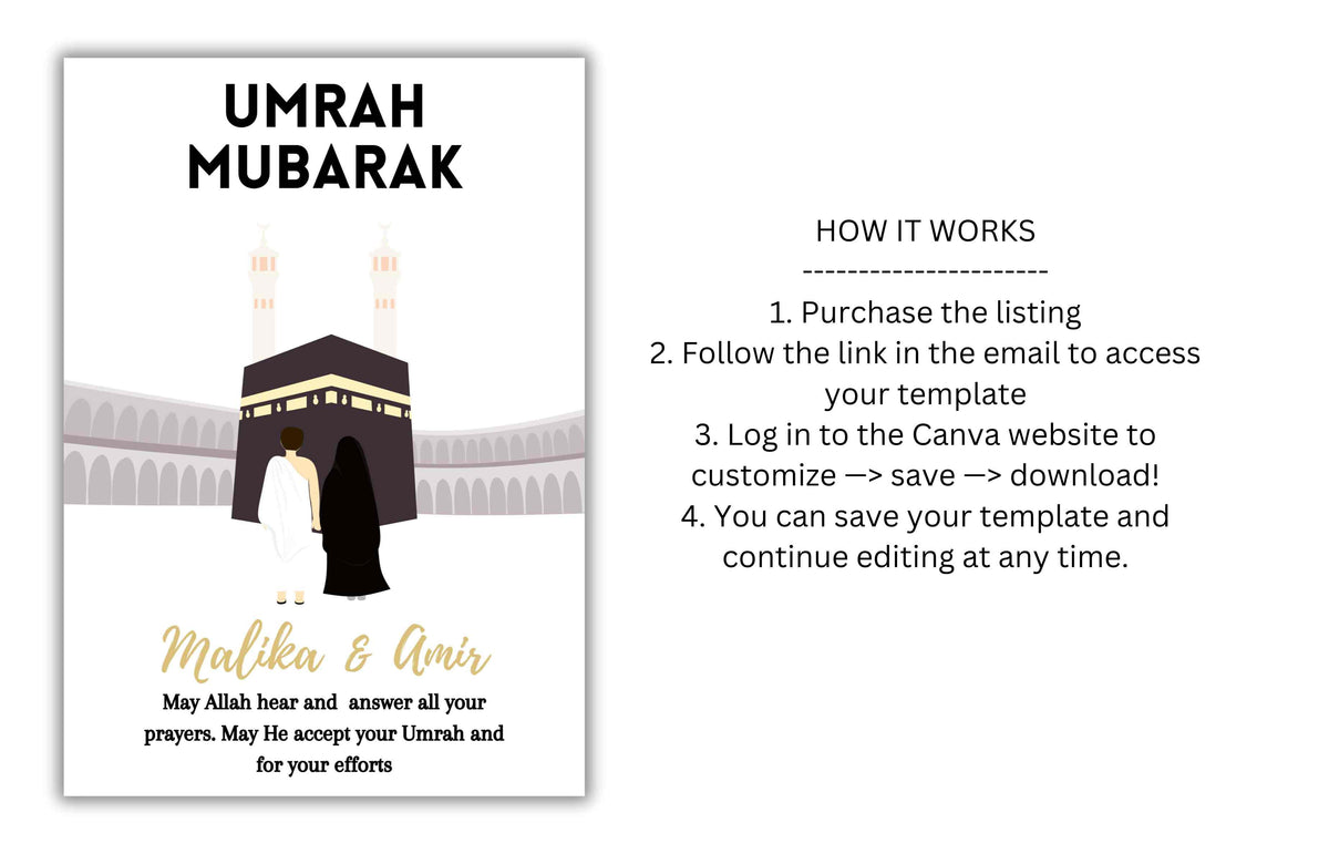 Personalized Couple Umrah Mubarak Template, Umrah Gift, Digital Print , Umrah Wishes, Editable Template, A2, A3, A4, A5, Pdf Template. UM3