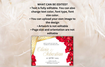 Elegant Red Roses Wedding Invitation - Editable Digital Template for Print - Customizable Romantic Wedding Invitation. WIB74