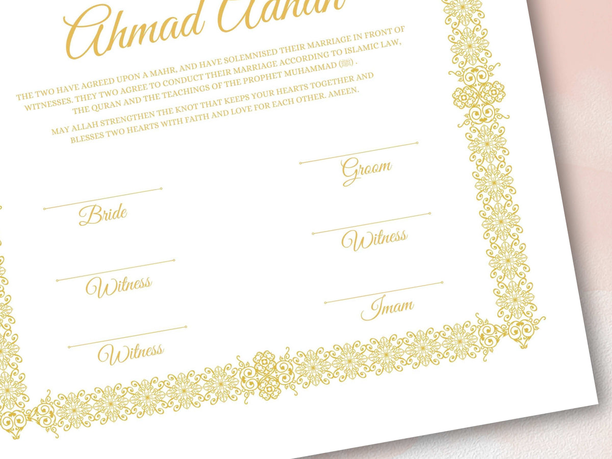 Luxury Nikkah Certificate, Premium A4 Islamic Wedding Contract, Nikkah Nama, Muslim Marriage Certificate, Personalised Names, A4, A3. NN277