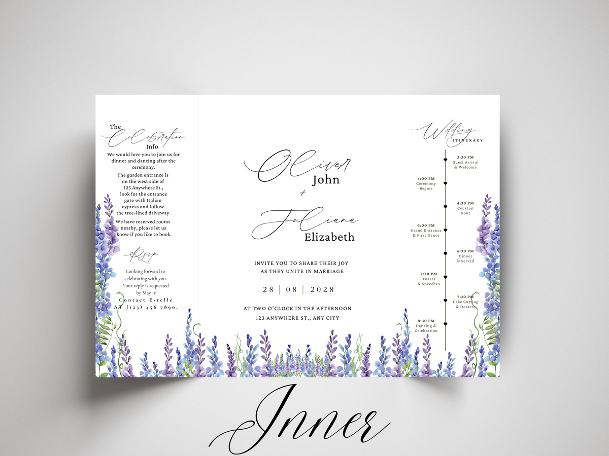 Lavender Wedding Invitation Template, Elegant Floral Itinerary Invite, Rustic Garden Wedding Suite, Editable Purple Flower Invitation.WI178