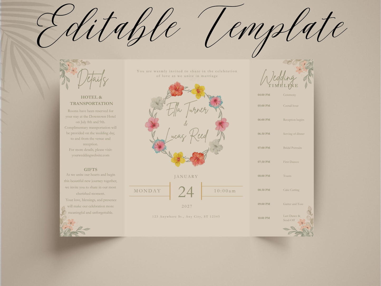 Floral Gatefold Wedding Invitation | Elegant Timeline Wedding Card | Modern Botanical Wedding Invitation with Details & Schedule. WI154