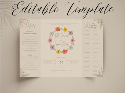 Floral Gatefold Wedding Invitation | Elegant Timeline Wedding Card | Modern Botanical Wedding Invitation with Details & Schedule. WI154
