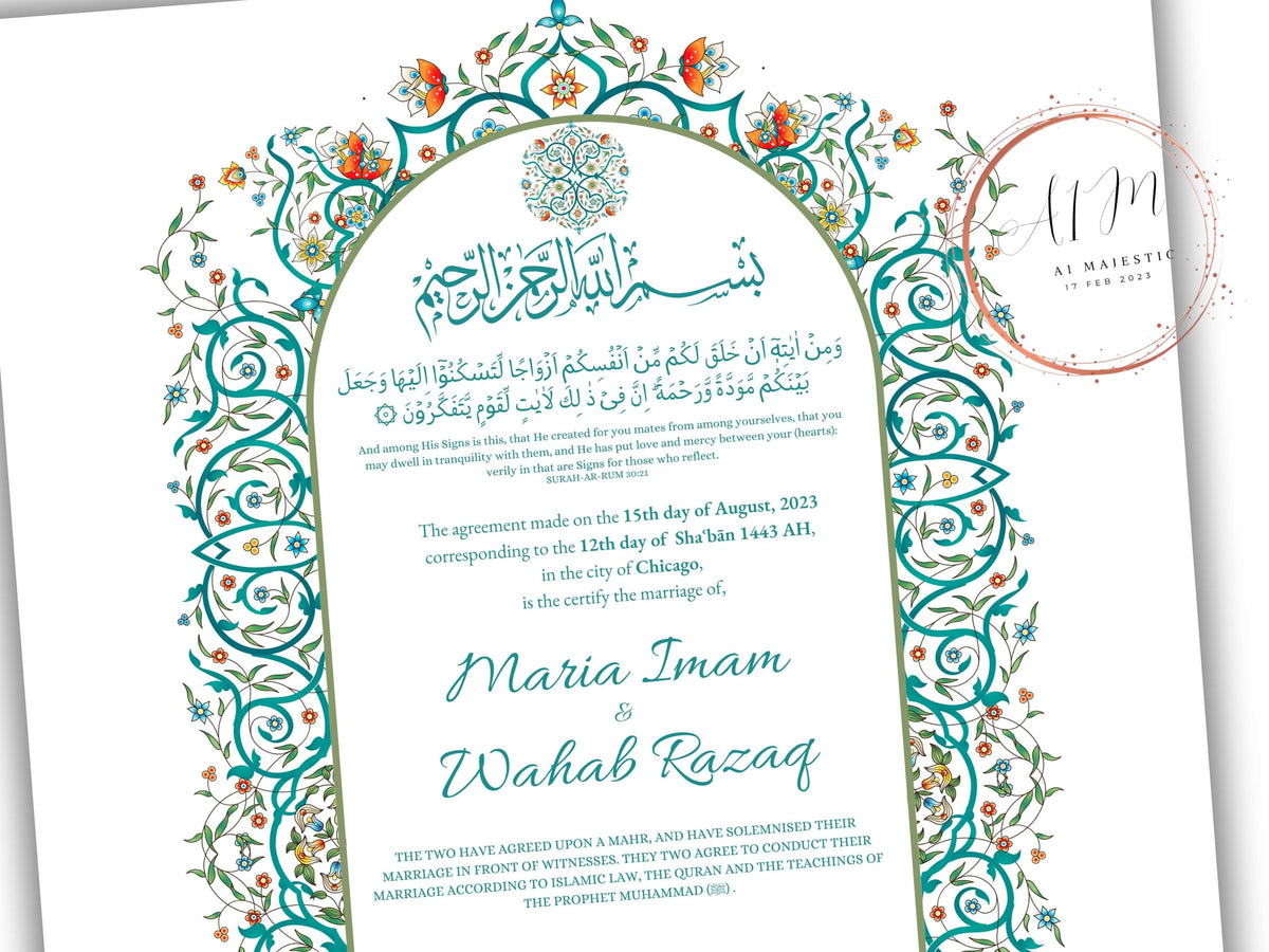 Luxury Nikkah Contract, Digital Printable Personalised Customised Nikkah Certificate, Custom Nikah Nama, Islamic Wedding Contract. NN186