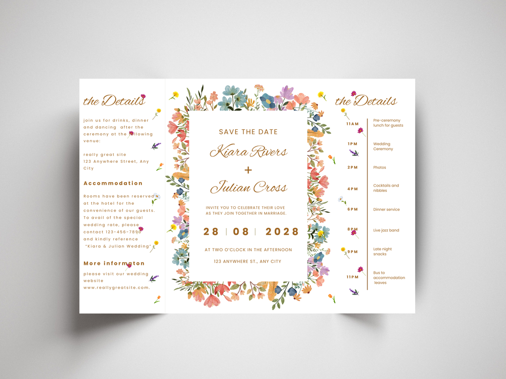 Editable Wedding Invitation Template | Wildflower Gatefold Design | Boho Rustic Canva Invite | Printable Wedding Program. WI185
