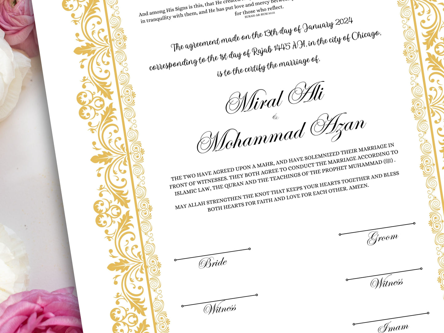 Luxury Nikkah Certificate, Premium A4 Islamic Wedding Contract, Nikkah Nama, Muslim Marriage Certificate, Personalised Names, A4, A3. NN250