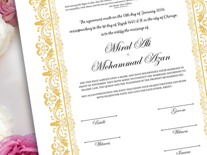 Luxury Nikkah Certificate, Premium A4 Islamic Wedding Contract, Nikkah Nama, Muslim Marriage Certificate, Personalised Names, A4, A3. NN250