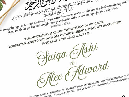 A4/A3 Nikkah Certificate, Pink Gold Nikkah Certificate, Wedding Contract, Nikkah Nama, Muslim Marriage Certificate, Personalised Names.NN278