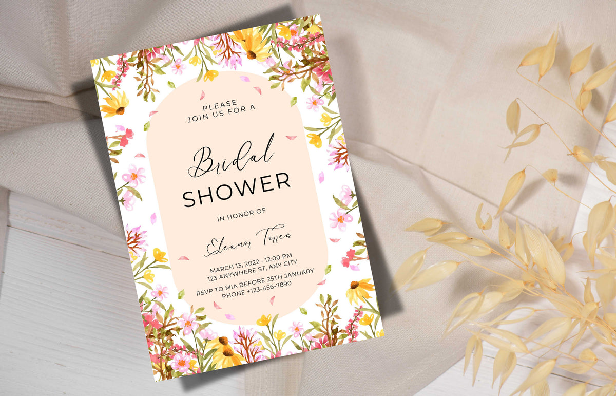 Boho Floral Bridal shower invitation, Spring Bridal shower invitation template, Wildflower bridal invitation, Editable Template, WS42