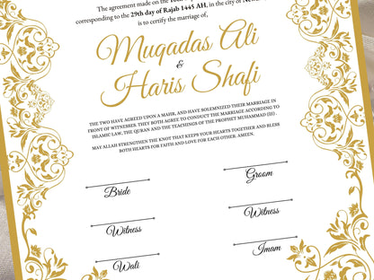 Luxury Nikkah Certificate, Premium A4 Islamic Wedding Contract, Nikkah Nama, Muslim Marriage Certificate, Personalised Names, A4, A3. NN46