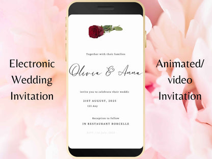 Red Rose Wedding Invitation, Electronic Wedding Invite Template , Minimalist Evite, Red Rose Wedding Evite, Templett. WEI40