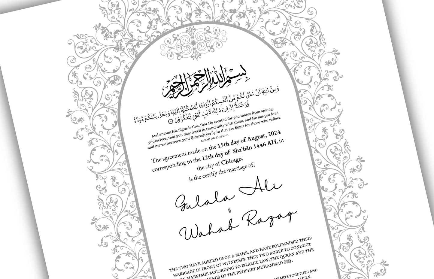 Personalised Nikkah Contract, Nikah Nama, Customised Muslim Marriage Certificate, Keepsake, Wedding Gift for Bride/Groom. NN152