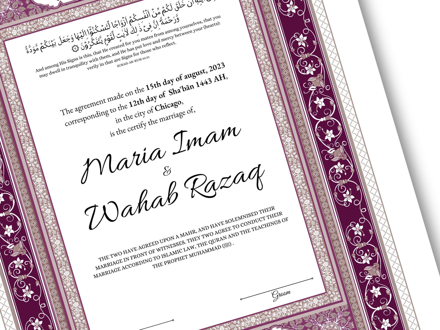 Luxury Nikkah Contract, Digital Printable Personalised Customised Nikkah Certificate, Custom Nikah Nama, Islamic Wedding Contract. NN168