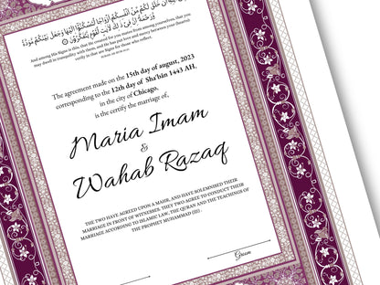 Luxury Nikkah Contract, Digital Printable Personalised Customised Nikkah Certificate, Custom Nikah Nama, Islamic Wedding Contract. NN168