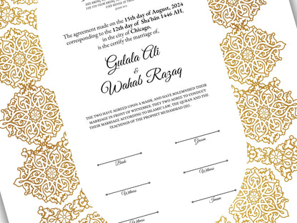 Luxury Gold A4/A3 Nikkah Certificate Template, Premium Gold Frame, Islamic Contract, Wedding Nama, Muslim Marriage Contract. 163