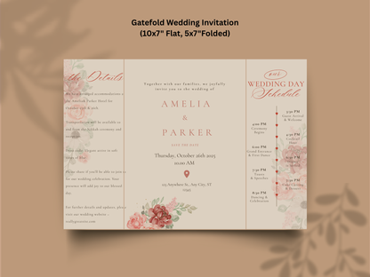 Elegant Floral Wedding Invitation Trifold Card Itinerary and Details Template Modern Editable Printable Invite. WI172