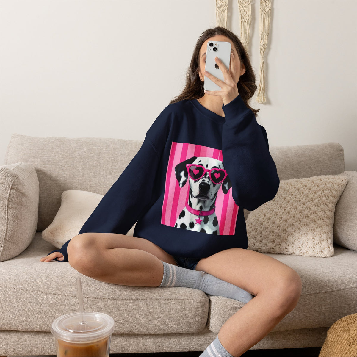 Dalmatian with Heart Sunglasses Sweatshirt — Cute Pink Pet Graphic Crewneck