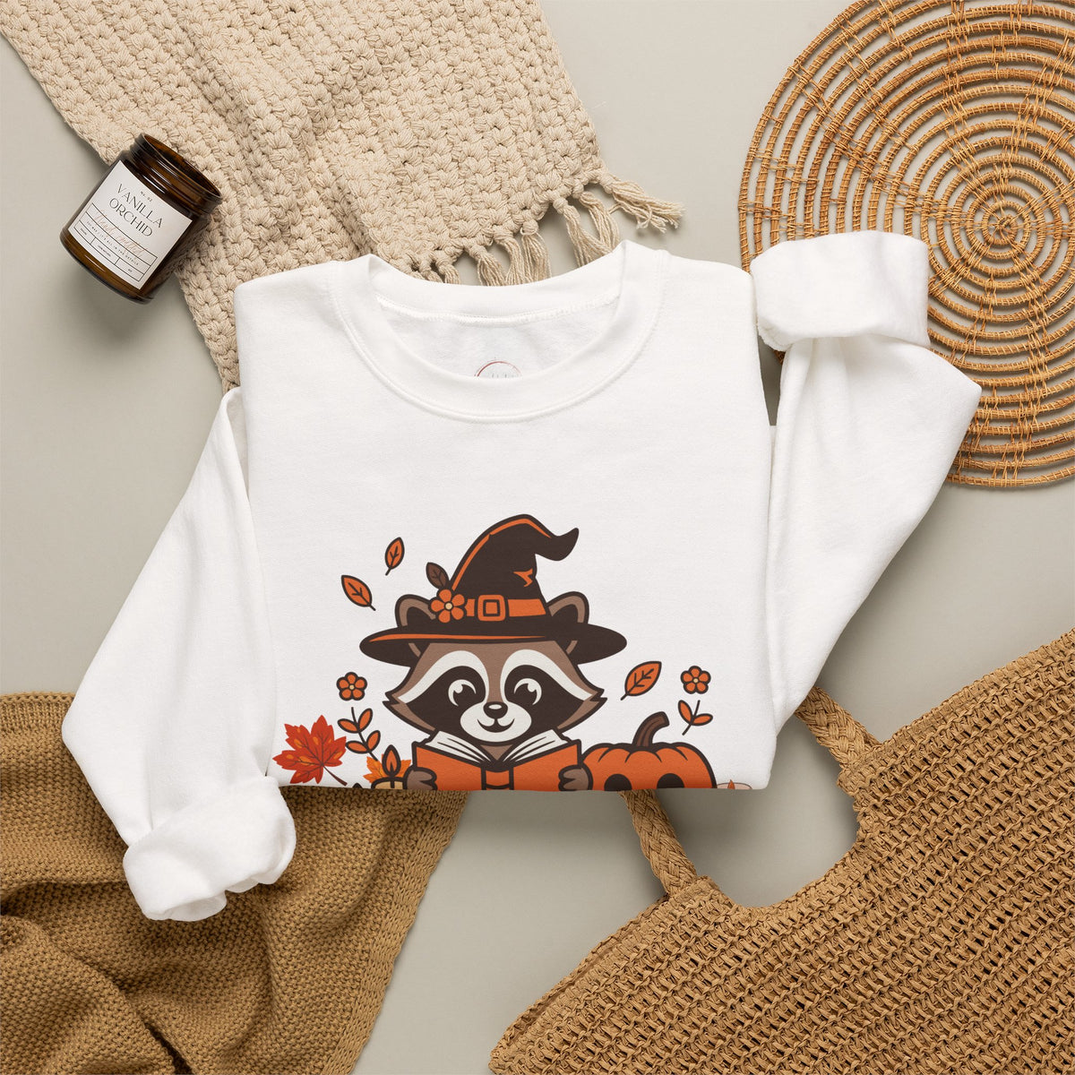 Halloween Raccoon Witch Sweatshirt – Cute Pumpkin & Spooky Book Crewneck