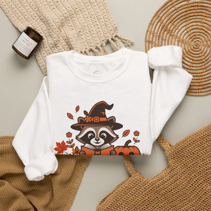 Halloween Raccoon Witch Sweatshirt – Cute Pumpkin & Spooky Book Crewneck
