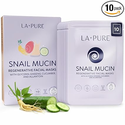 LA PURE Snail Mucin Mask – 10ct Korean Sheet Mask Pack for Signs of Aging, Aid Skin Repair & Hydration – Pure Snail Mask for Face with Collagen & Hyaluronic Acid – Cruelty-Free Hydrating Sheet Mask